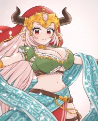 Rule 34 | 1girl, aliza (granblue fantasy), alternate costume, blouse, blue shawl, breasts, choker, cleavage, draph, earrings, granblue fantasy, green shirt, horns, jewelry, large breasts, long hair, midriff, navel, outstretched arms, pointy ears, red eyes, shawl, shirt, simple background, smile, solo, suamachi, veil, very long hair, white background