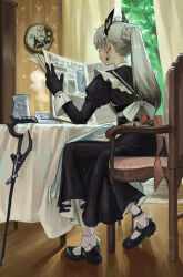 Rule 34 | 1girl, absurdres, apron, arknights, back bow, black dress, black footwear, black gloves, bow, braid, cane, chair, commentary, curtains, dress, earrings, from behind, gloves, grey hair, head wings, highres, holding, holding newspaper, indoors, irene (arknights), irene (voyage of feathers) (arknights), jewelry, juliet sleeves, long sleeves, maid, maid apron, newspaper, official alternate costume, pantyhose, peach21, ponytail, portrait (object), puffy sleeves, reading, shoes, sitting, sleeve cuffs, solo, symbol-only commentary, wardrobe, white apron, white bow, white pantyhose, wings