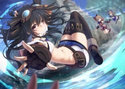 Rule 34 | 3girls, bare shoulders, black hair, black legwear, blue eyes, blurry, blurry foreground, blush, breasts, brown hair, closed mouth, commentary request, day, fantasy, fingerless gloves, four goddesses online: cyber dimension neptune, gloves, goggles, goggles on head, hair ornament, long hair, looking at viewer, midriff, mizunashi (second run), multiple girls, navel, neptune (series), one eye closed, open mouth, outdoors, outstretched arm, ram (neptunia), red eyes, revision, rom (neptunia), short hair, siblings, sisters, small breasts, thighhighs, twins, two side up, uni (neptune series)