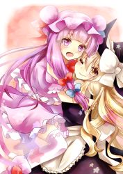 Rule 34 | 2girls, aliprojectlove, bad id, bad pixiv id, blonde hair, blush, bow, capelet, female focus, hair bow, hat, hat bow, highres, hug, kirisame marisa, long hair, multiple girls, one eye closed, open mouth, patchouli knowledge, pink eyes, pink hair, puffy sleeves, short sleeves, smile, thighhighs, touhou, ukita uuko, very long hair, wink, witch hat, yellow eyes