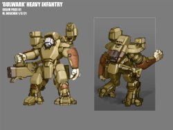 Rule 34 | 2021, armor, bulwark heavy infantry, cannon, character name, commentary, comparison, concept art, dated, energy cannon, english commentary, english text, gun, highres, light, machine gun, machinery, mecha, mecha focus, mike doscher, military, missile pod, multiple views, no humans, original, power armor, robot, science fiction, weapon
