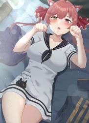 Rule 34 | 1girl, absurdres, animal ear fluff, animal ears, black neckerchief, black sailor collar, blush, breasts, cat ears, commentary request, hair ribbon, heterochromia, highres, hololive, houshou marine, large breasts, long hair, looking at viewer, lying, mugino0515, neckerchief, on back, on bed, open mouth, paw pose, red eyes, red hair, red ribbon, ribbon, sailor collar, shirt, short sleeves, skirt, unworn skirt, solo, twintails, virtual youtuber, white shirt, yellow eyes