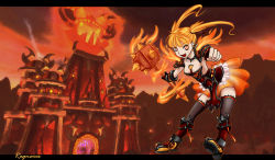 Rule 34 | armor, black thighhighs, blonde hair, fang, fingerless gloves, fire, fire, gloves, glowing, glowing eyes, highres, nam (valckiry), pauldrons, personification, ragnaros, red eyes, shoulder armor, slit pupils, solo, thighhighs, twintails, war hammer, warcraft, warhammer, weapon, world of warcraft, zettai ryouiki