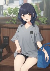Rule 34 | 1boy, 1girl, 4others, bag, black hair, black shorts, blue hair, brown eyes, collarbone, feet out of frame, fingernails, grey shirt, highres, kanpa (campagne 9), looking at viewer, multiple others, open mouth, original, outdoors, shirt, short hair, short sleeves, shorts, sitting, smile, solo focus, tree