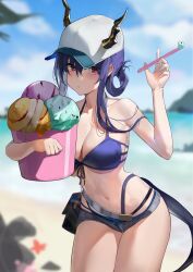 Rule 34 | 1girl, arknights, bikini, blue bikini, blue hair, blue sky, breasts, ch&#039;en (arknights), ch'en (arknights), cleavage, cloud, commentary, cowboy shot, day, dragon horns, dragon tail, female tourist c (arknights), food, grey shorts, highres, holding, horns, horns through headwear, ice cream, large breasts, long hair, looking at viewer, maanu, micro shorts, navel, outdoors, red eyes, shorts, sky, solo, standing, stomach, swimsuit, symbol-only commentary, tail, thighs