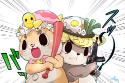 Rule 34 | 1boy, 1other, :3, :d, animal, animal ears, animal on head, back-to-back, baseball bat, black eyes, blush stickers, bow, bowtie, brown fur, chiitan, commentary request, egg, egg (food), emphasis lines, fighting stance, food, food on head, fried egg, gun, heart, holding, holding gun, holding weapon, looking away, looking to the side, m16, m16a2, mascot, object on head, on head, open mouth, otter, otter ears, otter tail, pink bow, shinjou-kun, short eyebrows, signature, simple background, smile, sound effects, tail, thick eyebrows, thumbs up, translation request, turtle, turtle shell, v-shaped eyebrows, weapon, weapon request, white background, x navel, yuru-chara, zenki (zenki1118)