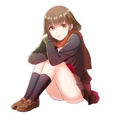 Rule 34 | 1girl, ass, black jacket, black socks, brown eyes, brown footwear, brown hair, brown scarf, brown skirt, closed mouth, commentary request, full body, jacket, knees up, kuzumochi (kuzumochiya), loafers, long sleeves, looking at viewer, original, pleated skirt, scarf, school uniform, shoes, sitting, skirt, socks, solo, white background