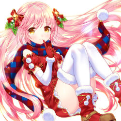 Rule 34 | 1girl, absurdres, arm warmers, bell, belt, belt buckle, boots, bow, breasts, buckle, christmas, commentary request, cross-laced clothes, dress, finger to mouth, fuji minako, fur-trimmed boots, fur-trimmed gloves, fur-trimmed legwear, fur trim, glint, gloves, hair bell, hair bow, hair ornament, hand on leg, highres, holly hair ornament, index finger raised, jingle bell, knees together feet apart, lace, lace-trimmed dress, lace trim, long hair, looking at viewer, medium breasts, original, pink hair, plaid, plaid scarf, pom pom (clothes), puffy short sleeves, puffy sleeves, red bow, red dress, red footwear, red gloves, scarf, short sleeves, smile, solo, tareme, thighhighs, unmoving pattern, very long hair, white thighhighs, yellow eyes