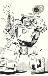 Rule 34 | ?, decepticon, greyscale, gun, hand on own head, holding, holding gun, holding weapon, insignia, kneeling, looking to the side, marble-v, mecha, monochrome, no humans, on one knee, robot, runabout, runamuck, science fiction, sketch, solo, speech bubble, spoken question mark, transformers, weapon