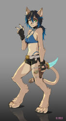 Rule 34 | 1girl, animal ears, artist name, belt, black gloves, black hair, black shorts, blue bra, blue hair, body fur, bra, breasts, cat ears, cat girl, cat tail, cleavage, closed mouth, commission, d-rex, dagger, fang, fingerless gloves, furry, gloves, gradient background, grey belt, hair between eyes, highres, holding, holding dagger, holding knife, holding weapon, knife, long hair, medium breasts, navel, one eye closed, original, shorts, smile, solo, standing, stomach, tail, underwear, weapon