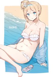 Rule 34 | 1girl, alternate hairstyle, arm support, ass, bare legs, bare shoulders, barefoot, beach, bikini, blonde hair, blue eyes, blue hairband, blush, breasts, character name, cleavage, collarbone, flip-flops, frilled bikini, frills, girls&#039; frontline, hair between eyes, hair bun, hair ornament, hairband, head tilt, hona (pixiv7939518), jacket, large breasts, long hair, looking at viewer, lowleg, lowleg bikini, navel, off shoulder, official alternate costume, one side up, open mouth, sand, sandals, sidelocks, single hair bun, sitting, snowflake hair ornament, solo, stomach, suomi (girls&#039; frontline), suomi (midsummer pixie) (girls&#039; frontline), swimsuit, tareme, thighs, water, wet, wet clothes
