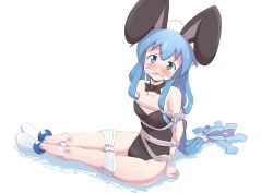 Rule 34 | 1girl, animal ears, arms behind back, bdsm, blue eyes, blue hair, blush, bondage, bound, bound ankles, bound legs, bound wrists, bow, bowtie, cloth gag, fake animal ears, female focus, from above, gag, gagged, highres, ikamusume, improvised gag, leotard, long hair, looking at viewer, matching hair/eyes, over the mouth gag, playboy bunny, rabbit ears, rope, shinryaku! ikamusume, simple background, sitting, solo, stormcow