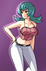 Rule 34 | 00s, 1girl, aged up, alternate costume, aqua hair, bare shoulders, belt, breasts, cleavage, contrapposto, creatures (company), eu03, flipped hair, game freak, gym leader, hand on own hip, large breasts, long hair, midriff, navel, nintendo, pants, pokemon, pokemon hgss, purple background, sabrina (pokemon), simple background, solo, standing, tank top