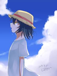 Rule 34 | 1girl, alternate hair length, alternate hairstyle, artist name, black hair, blue sky, brown eyes, brown hat, cloud, cloudy sky, commentary, crying, crying with eyes open, dated, day, dress, from side, girls und panzer, hat, highres, jimanaka (yukinosingun), long hair, medium hair, one-hour drawing challenge, open mouth, outdoors, reizei mako, short sleeves, signature, sky, solo, standing, straw hat, tears, upper body, white dress