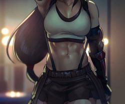 Rule 34 | 1girl, abs, arm guards, arm up, armpits, black hair, blurry, blurry background, breasts, cleavage, crop top, elbow gloves, final fantasy, final fantasy vii, final fantasy vii remake, gloves, head out of frame, long hair, low-tied long hair, midriff, navel, pleated skirt, rennerei, skirt, solo, stomach, suspenders, tank top, tifa lockhart, toned