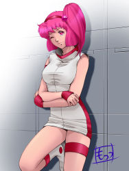 Rule 34 | 1girl, bad id, bad pixiv id, mots, one eye closed, original, pink hair, red eyes, shirt, solo, taut clothes, taut shirt, wink