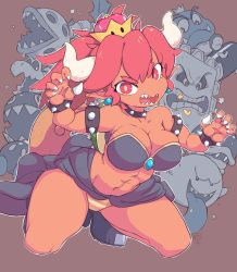 Rule 34 | 1girl, abs, armlet, artist name, bare shoulders, black footwear, bob-omb, boo (mario), bowsette, bracelet, breasts, brown background, bullet bill, buzzy beetle, chain chomp, claw pose, claws, cleavage, closed mouth, collar, collarbone, crown, dark skin, dry bones, earrings, fangs, female focus, full body, gem, goomba, hands up, heart, high heels, horns, jewelry, kneeling, large breasts, looking at viewer, mario (series), mini crown, navel, new super mario bros. u deluxe, nintendo, open mouth, orange panties, outline, panties, piranha plant, pointy ears, ponytail, red eyes, red hair, sharp teeth, shoes, signature, smile, solo focus, spiked bracelet, spiked collar, spikes, star (symbol), starmilk, strapless, striped clothes, striped panties, super crown, tail, teeth, thwomp, tongue, tongue out, tube top, turtle shell, underwear, white outline