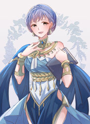 Rule 34 | 1girl, :d, blue dress, blue hair, book, bracelet, braid, breasts, commentary request, cowboy shot, crown braid, dancer (fire emblem: three houses), dress, earrings, fire emblem, fire emblem: three houses, fire emblem heroes, grey background, highres, holding, holding book, jewelry, large breasts, looking at viewer, marianne von edmund, nintendo, official alternate costume, open mouth, short hair, smile, solo, standing, yutohiroya