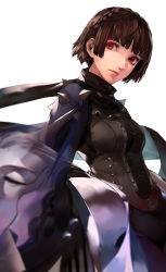 Rule 34 | 1girl, biker clothes, black scarf, blazpu, bodysuit, braid, breasts, brown hair, commentary, corset, crown braid, english commentary, highres, joanna (persona 5), lips, long sleeves, medium breasts, motor vehicle, motorcycle, niijima makoto, persona, persona 5, red eyes, scarf, short hair, simple background, solo, spikes, white background