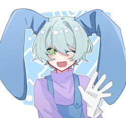 Rule 34 | 1boy, ;d, animal ears, blue hair, blue overalls, commentary request, eyes visible through hair, gloves, green eyes, hair between eyes, hand up, highres, light blue hair, lingxiankong1, long sleeves, lop rabbit ears, neko no teach-kun, no nose, one eye closed, open mouth, overalls, personification, portrait, purple sweater, rabbit boy, rabbit ears, sam (neko no teach-kun), sharp teeth, short hair, smile, solo, sweater, teeth, white gloves