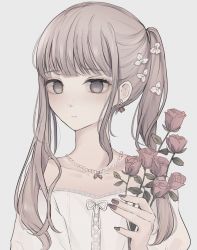Rule 34 | 1girl, bad id, bad twitter id, brown hair, collarbone, commentary request, earrings, flower, grey background, grey eyes, hair flower, hair ornament, highres, holding, holding flower, jewelry, long hair, nail polish, necklace, off-shoulder shirt, off shoulder, original, pearl necklace, puffy short sleeves, puffy sleeves, red flower, red rose, rose, shirt, short sleeves, simple background, solo, tsuruse, twintails, upper body, white flower, white shirt