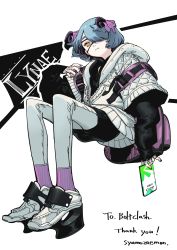 Rule 34 | 1girl, absurdres, backpack, bag, black nails, blue hair, cellphone, character name, closed mouth, commission, eyelashes, eyepatch, fingernails, gem, glint, grey background, grey footwear, hair ornament, hair over one eye, hatching (texture), high heels, highres, holding, holding phone, jacket, jewelry, long eyelashes, looking at viewer, nail polish, original, padded jacket, phone, pinky ring, purple bag, purple socks, ring, shoes, short hair, sitting, skeb commission, sleeves past wrists, smile, sneakers, socks, solo, thank you, thumb ring, white gemstone, white jacket, yellow eyes, zipper, ztoriataming