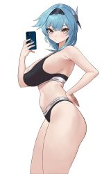 Rule 34 | 1girl, ass, bare arms, bare shoulders, bikini, black bikini, black sports bra, blue hair, blush, brand name imitation, breasts, cellphone, closed mouth, cowboy shot, eula (genshin impact), from side, genshin impact, hair ornament, hand on own hip, highres, holding, holding phone, kou (kokounene), large breasts, looking at viewer, panties, phone, selfie, simple background, smartphone, solo, sports bra, standing, swimsuit, thighs, underwear, white background, yellow eyes