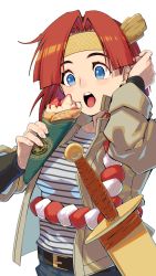 Rule 34 | 1girl, belt, blue eyes, crepe, earrings, food, fruit, ghost sweeper mikami, headband, highres, holding, holding food, jewelry, open mouth, parted bangs, red hair, sheath, shiomiya iruka, shirt, short hair, shoryuki, solo, strawberry, striped clothes, striped shirt, sword, teeth, upper body, weapon, white background
