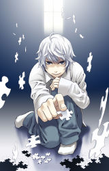 Rule 34 | 00s, 1boy, ahoge, arita youko, baggy pants, blouse, blue eyes, collared shirt, death note, hair between eyes, highres, male focus, messy hair, near (death note), pants, puzzle, shirt, sitting, socks, solo, squatting, white hair, white shirt, white socks