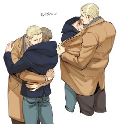 Rule 34 | 2boys, black hoodie, blonde hair, blue pants, blush, brown coat, brown hair, brown pants, closed eyes, closed mouth, coat, couple, hood, hood down, hoodie, hug, jack krauser, leon s. kennedy, male focus, multiple boys, open clothes, open coat, pants, resident evil, resident evil: the darkside chronicles, resident evil 4, short hair, simple background, smile, tatsumi (psmhbpiuczn), translation request, yaoi