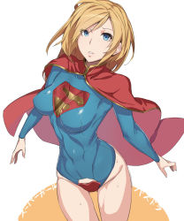 Rule 34 | 1girl, animification, blonde hair, blue eyes, breasts, cape, covered navel, dc comics, groin, kryptonian, kurowa, leotard, long sleeves, looking at viewer, parted lips, red cape, s shield, skin tight, solo, supergirl, superman (series), sweat, thigh gap, toned