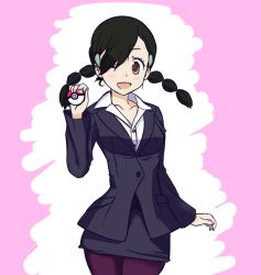 Rule 34 | 00s, 1girl, ;), alternate costume, black hair, blush, braid, brown eyes, candice (pokemon), creatures (company), formal, game freak, gym leader, hair ornament, hair over one eye, hairclip, highres, holding, holding poke ball, jacket, multi-tied hair, nintendo, office lady, one eye closed, pancakez (artist), pantyhose, pencil skirt, pink background, poke ball, poke ball (basic), pokemon, pokemon dppt, skirt, skirt suit, smile, solo, suit, twin braids