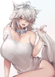 Rule 34 | 1girl, absurdres, animal ears, bare shoulders, breasts, cat ears, cat girl, cat tail, cowboy shot, dress, highres, huge breasts, lock, looking at another, masaki nanaya, original, padlock, padlocked collar, red eyes, saliva, short hair, sidelocks, solo, tail, thighs, torn clothes, transparent background, white background, white dress, white hair