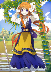 Rule 34 | 1girl, apron, belt, belt buckle, blouse, blue belt, blue dress, bow, braid, buckle, commentary, dress, female focus, fence, field, floral print, flowing dress (dq), hair bow, hands on own head, highres, kentsdesign, long hair, long sleeves, looking at viewer, maypole, nature, original, outdoors, pantyhose, ponytail, purple eyes, red hair, shirt, sky, smile, solo, summer, sweden, swedish clothes, tree, white shirt, yellow apron, yellow bow