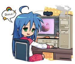 Rule 34 | 1girl, :3, ahoge, andrew price, balancetheball, blender (medium), blender guru, blue hair, chair, commentary, computer, cropped legs, desk, doughnut, english commentary, english text, food, from behind, green eyes, highres, izumi konata, long hair, looking at viewer, looking back, lucky star, mole, mole under eye, monitor, mouse (computer), neckerchief, purple hair, red neckerchief, red sailor collar, ryouou school uniform, sailor collar, school uniform, serafuku, simple background, sitting, smoke, solo, speech bubble, webcam, white background, youtube