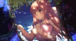 Rule 34 | 1girl, blue sky, blush, bow, cloud, copyright name, dress, female focus, hair bow, hair ornament, long hair, red eyes, red hair, rin (shelter), shelter (song), sky, solo, standing, tablet computer, tsugumi09x