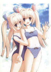 Rule 34 | 2girls, ahoge, bikini, blonde hair, blue bikini, blue eyes, blue one-piece swimsuit, blush, breasts, checkered bikini, checkered clothes, cloud, clover (series), clover heart&#039;s, collarbone, fang, hair ribbon, hands on another&#039;s shoulder, highres, long hair, looking at viewer, mikoshiba rea, mikoshiba rio, multiple girls, navel, nimura yuuji, non-web source, one-piece swimsuit, open mouth, ribbon, saiga (company), school swimsuit, siblings, sisters, sky, small breasts, smile, standing, swimsuit, tankini, thighs, twins, twintails, waving
