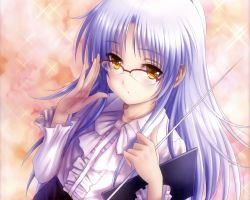 Rule 34 | 10s, 1girl, adjusting eyewear, angel beats!, clipboard, cropped, glasses, goto p, highres, long hair, pointer, silver hair, solo, source request, teacher, tenshi (angel beats!), yellow eyes