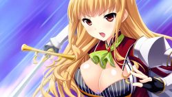 Rule 34 | 1girl, blonde hair, blush, breasts, cleavage, enjouji luise, female focus, fighting stance, game cg, kishi&times;kano, large breasts, long hair, looking at viewer, minatsuki alumi, open mouth, red eyes, serious, shoulder pads, simple background, solo, sword, weapon