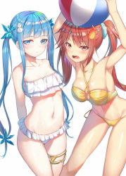 Rule 34 | 2girls, alexmaster, anklet, armpits, arms behind back, arms up, ball, bandeau, bare arms, bare shoulders, beachball, bikini, blue eyes, blue hair, blush, breasts, cleavage, closed mouth, collarbone, commentary request, cowboy shot, criss-cross halter, fang, fire hair ornament, flat chest, frilled bikini, frills, groin, hair ornament, halterneck, holding, jewelry, large breasts, long hair, looking at viewer, multiple girls, navel, o-ring, o-ring bikini, open mouth, original, red eyes, red hair, side-tie bikini bottom, sidelocks, simple background, snowman hair ornament, standing, stomach, strapless, strapless bikini, swimsuit, thighs, twintails, very long hair, white background, white bikini, yellow bikini