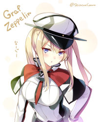 Rule 34 | 10s, 1girl, :o, blonde hair, blue eyes, blush, breasts, capelet, character name, from above, graf zeppelin (kancolle), hair between eyes, hand on own hip, hat, huyukaaki, kantai collection, large breasts, leaning forward, long hair, looking at viewer, military, military hat, military uniform, necktie, peaked cap, sidelocks, simple background, solo, tsurime, twintails, twitter username, uniform, upper body, white background