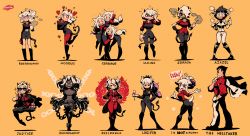 1boy, 6+girls, :d, absurdres, ahoge, alcohol, angel, angry, animal ears, arm hair, armband, ass, azazel (helltaker), bangs, beelzebub (helltaker), belt, belt buckle, bikini, black belt, black footwear, black gloves, black hair, black horns, black jacket, black nails, black neckwear, black pants, black skirt, black suit, black tail, black vest, blue background, blue eyes, blunt bangs, blush, blush stickers, boots, bow, bowtie, bracelet, breasts, buckle, bug, business suit, cerberus (helltaker), chains, character name, cigarette, claws, cleavage, clenched teeth, closed mouth, collarbone, collared shirt, colored skin, contrapposto, cross, crown, cup, curly hair, damaged, dark skin, demon, demon girl, demon horns, demon tail, detached ahoge, dog ears, dog girl, dot nose, drinking glass, earrings, english text, evil smile, fangs, finger to mouth, fingerless gloves, fingernails, formal, from side, full body, gloves, goat ears, goat girl, goat tail, grey eyes, grey hair, grey skin, grin, hair ornament, hair over one eye, hair ribbon, halftone, halo, hand on belt, hand to head, hand up, headache, heart, heart-shaped pupils, heart tail, helltaker, helltaker (character), high heel boots, high heels, highres, holding, holding clothes, holding cup, holding jacket, holding pen, horns, hug, index finger raised, insect, jacket, jacket on shoulders, jacket removed, jewelry, jitome, judgement (helltaker), justice (helltaker), knee boots, large breasts, leather bikini, leg belt, long hair, long sleeves, looking at viewer, looking to the side, low-tied long hair, lucifer (helltaker), malina (helltaker), medium hair, modeus (helltaker), multiple girls, nail polish, navel, necklace, necktie, nose blush, notepad, open mouth, orange background, pandemonica (helltaker), pants, pantyhose, parted lips, pen, pencil skirt, piercing, ponytail, rariatto (ganguri), red eyes, red gloves, red legwear, red shirt, red sweater, revealing clothes, ribbed sweater, ribbon, ringed eyes, shading, sharp teeth, shirt, short hair, short sleeves, sidelocks, simple background, skirt, slit pupils, smile, smoke, smoking, sparkle, standing, standing on one leg, suit, sunglasses, sweater, swimsuit, symbol-shaped pupils, symbol commentary, tail, teeth, thighhighs, tiptoes, torn clothes, triplets, upper teeth, vest, walking, white eyes, white fur, white gloves, white hair, white horns, white jacket, white pants, white ribbon, white shirt, wine, wine glass, wing collar, yellow background, zdrada (helltaker)