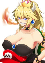 Rule 34 | 1girl, bare shoulders, behind another, black dress, blonde hair, blue eyes, bowsette, bracelet, breast rest, breasts, breasts on head, breath weapon, breathing fire, brooch, cabbie hat, cleavage, collar, collarbone, colored eyelashes, dress, earrings, eyes visible through hair, fire, grin, hair between eyes, hand on own hip, hat, height difference, high ponytail, horns, huge breasts, jewelry, long hair, mario, mario (series), miyashiro sousuke, new super mario bros. u deluxe, nintendo, ponytail, red hat, sharp teeth, shiny skin, sidelocks, simple background, slit pupils, smile, solo, spiked bracelet, spiked collar, spiked shell, spikes, strapless, strapless dress, super crown, teeth, thick eyebrows, white background