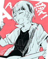 Rule 34 | 1girl, 2012, black shirt, closed eyes, clothes writing, dated, guitar, hair between eyes, hairband, instrument, koba youka, official art, okujou no yurirei-san, open clothes, open mouth, open shirt, peg, red background, shirt, short hair, short sleeves, solo, sweat, sweatdrop, t-shirt, text background, white shirt