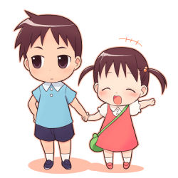 Rule 34 | 1boy, 1girl, bad id, bad pixiv id, brother and sister, brown eyes, brown hair, child, dress, hair bobbles, hair ornament, happy, hetero, holding hands, mika-shi, original, short hair, short twintails, siblings, twintails