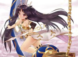 Rule 34 | 1girl, armlet, armpits, bridal gauntlets, closed mouth, cloud, detached sleeves, dress, fate/grand order, fate (series), floating hair, flying, from side, hair ornament, heavenly boat maanna, holding, holding sword, holding weapon, ishtar (fate), long hair, looking at viewer, looking to the side, racchi., red eyes, ringed eyes, single detached sleeve, smile, solo, sword, very long hair, weapon, white dress