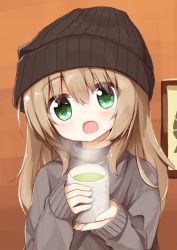 Rule 34 | 1girl, :d, beanie, black hat, blush, cup, fingernails, green eyes, green tea, grey sweater, hair between eyes, hat, head tilt, holding, holding cup, indoors, light brown hair, long hair, long sleeves, looking at viewer, open mouth, original, picture frame, sleeves past wrists, smile, solo, steam, sweater, tea, two-handed, yuuhagi (amaretto-no-natsu)