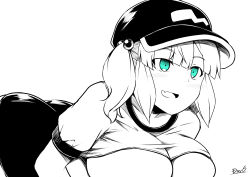 Rule 34 | 1girl, ass, bike shorts, blue eyes, blush, breasts, cleavage, clothes lift, commentary request, cowboy shot, crop top, fang, flat cap, greyscale, hair bobbles, hair ornament, hat, highres, kagiyama shachou, kawashiro nitori, large breasts, looking at viewer, medium hair, monochrome, open mouth, shirt lift, sidelocks, simple background, skin fang, smile, solo, spot color, touhou, two side up