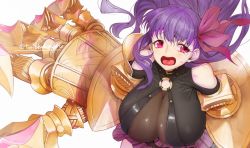Rule 34 | 1girl, bare shoulders, blush, breasts, claw (weapon), claws, collar, criss-cross halter, fate/extra, fate/extra ccc, fate/grand order, fate (series), hair ribbon, halterneck, huge breasts, long hair, looking to the side, o-ring, open mouth, passionlip (fate), pink eyes, pink ribbon, pink shorts, puffy shorts, purple hair, ribbon, shorts, striped clothes, striped shorts, tears, torichamaru, very long hair, weapon