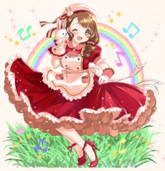 Rule 34 | 1girl, artist name, beamed eighth notes, brown eyes, brown hair, dress, eighth note, grass, hand puppet, hat ornament, high heels, idolmaster, idolmaster cinderella girls, idolmaster cinderella girls starlight stage, kurumi rumi, looking at viewer, mochida arisa, musical note, one eye closed, puffy short sleeves, puffy sleeves, puppet, rainbow, red dress, red footwear, short sleeves, skirt hold, solo, sparkle, standing, star (symbol)